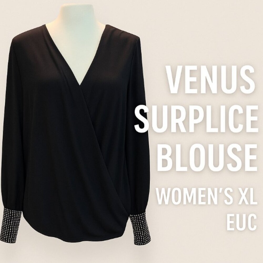 Venus Surplice Blouse Women's XL Elegant Black V-Neck Top Metal Studded Cuffs